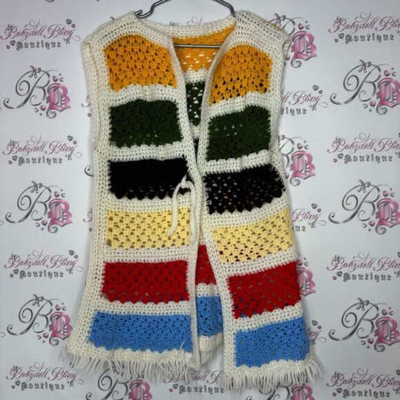 Vest cardigan knit handmade striped crochet ribbon π bow tie up warm cozy cute - Picture 2 of 14